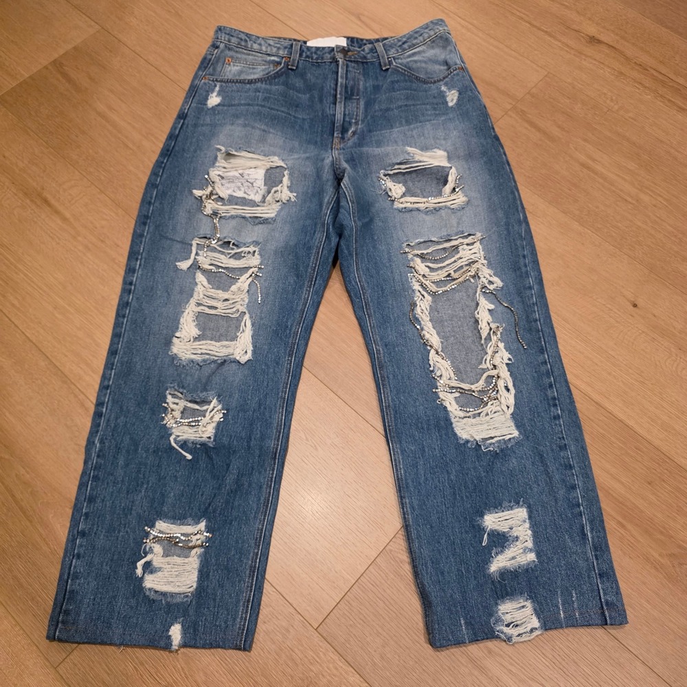 Naked Wardrobe Denim Straight Leg Jeans Blue Fits 34x29 Rhinestone Distressed